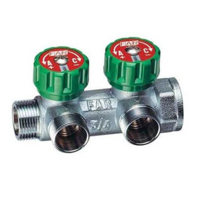 Far Регулирующий коллектор 3/4" (ВР-НР) с 2 отв. 1/2" НР (межосев. 45 мм), плск.упл.